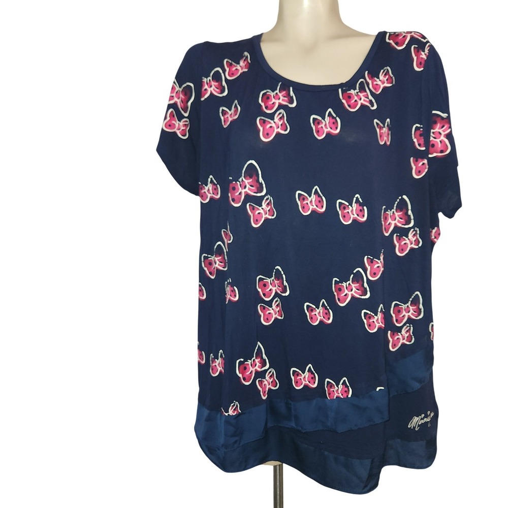 Disney Parks Minnie Mouse Bow Print T-Shirt Navy Blue Layered Hem Womens 1X